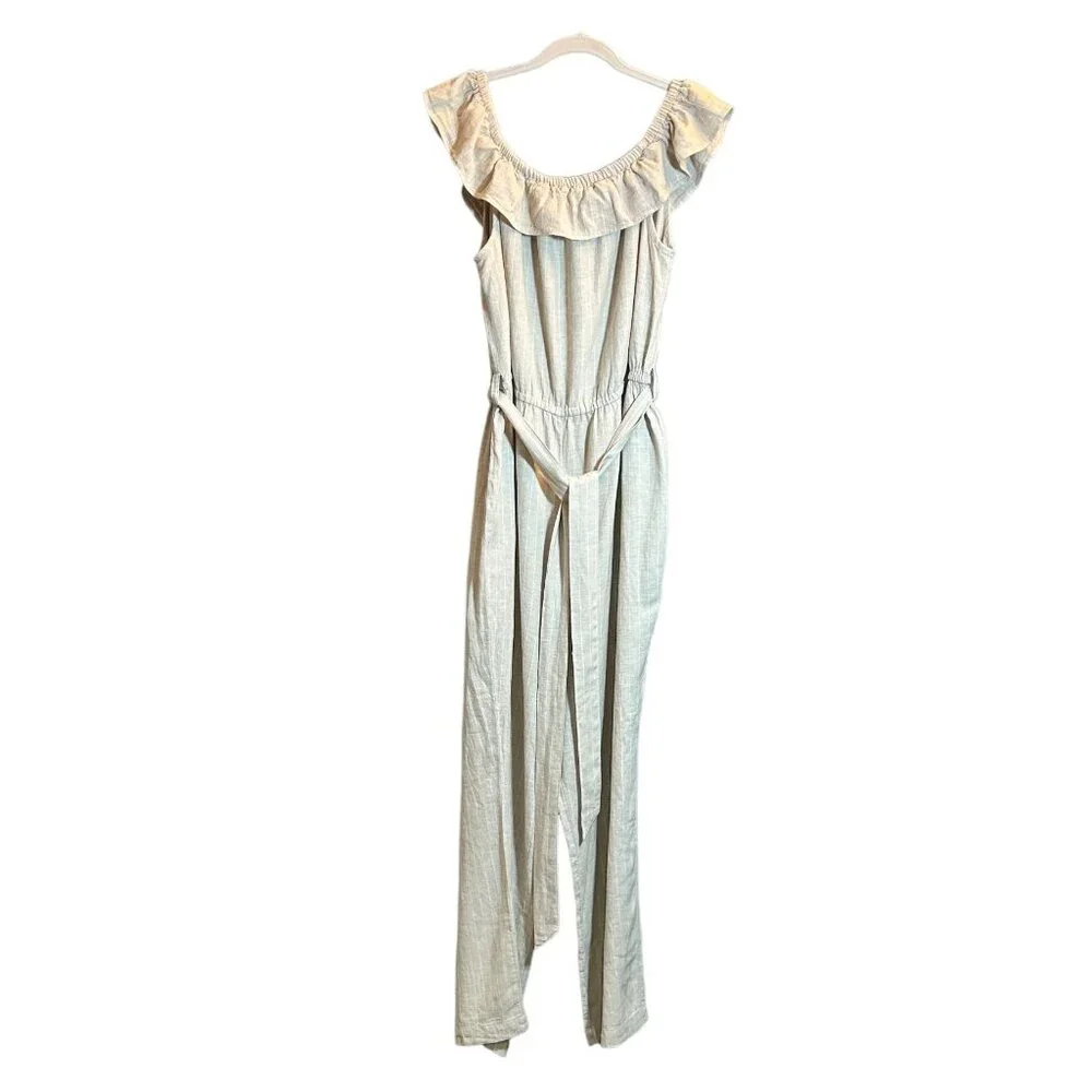 Universal Thread Stripe Linen Off Shoulder Jumpsuit in Tan/White - Size L